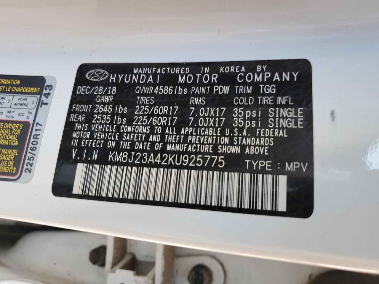 2019 Hyundai Tucson Se VIN: KM8J23A42KU925775 Lot: 71111224