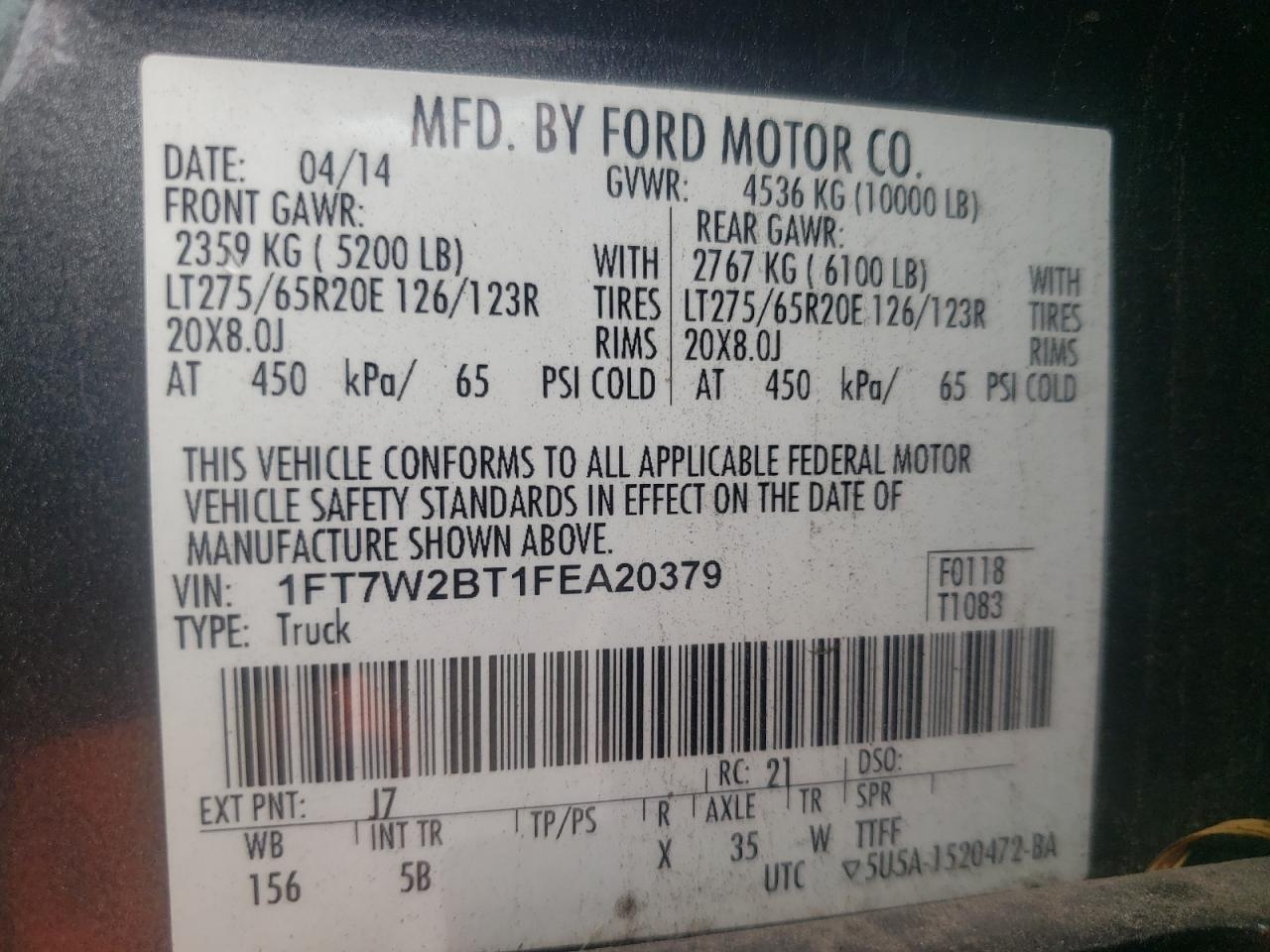 2015 Ford F250 Super Duty VIN: 1FT7W2BT1FEA20379 Lot: 70480594