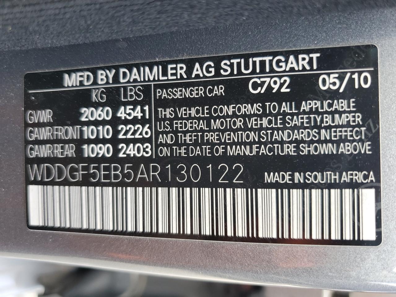2010 Mercedes-Benz C 300 VIN: WDDGF5EB5AR130122 Lot: 69864094