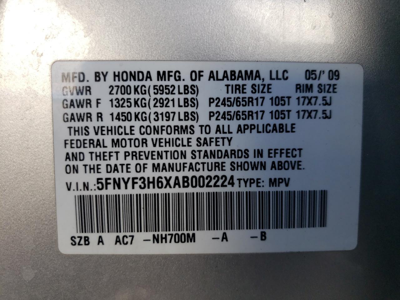 5FNYF3H6XAB002224 2010 Honda Pilot Exl