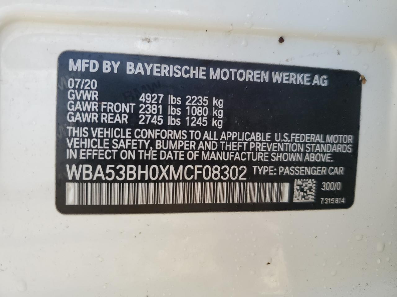 WBA53BH0XMCF08302 2021 BMW 530 I