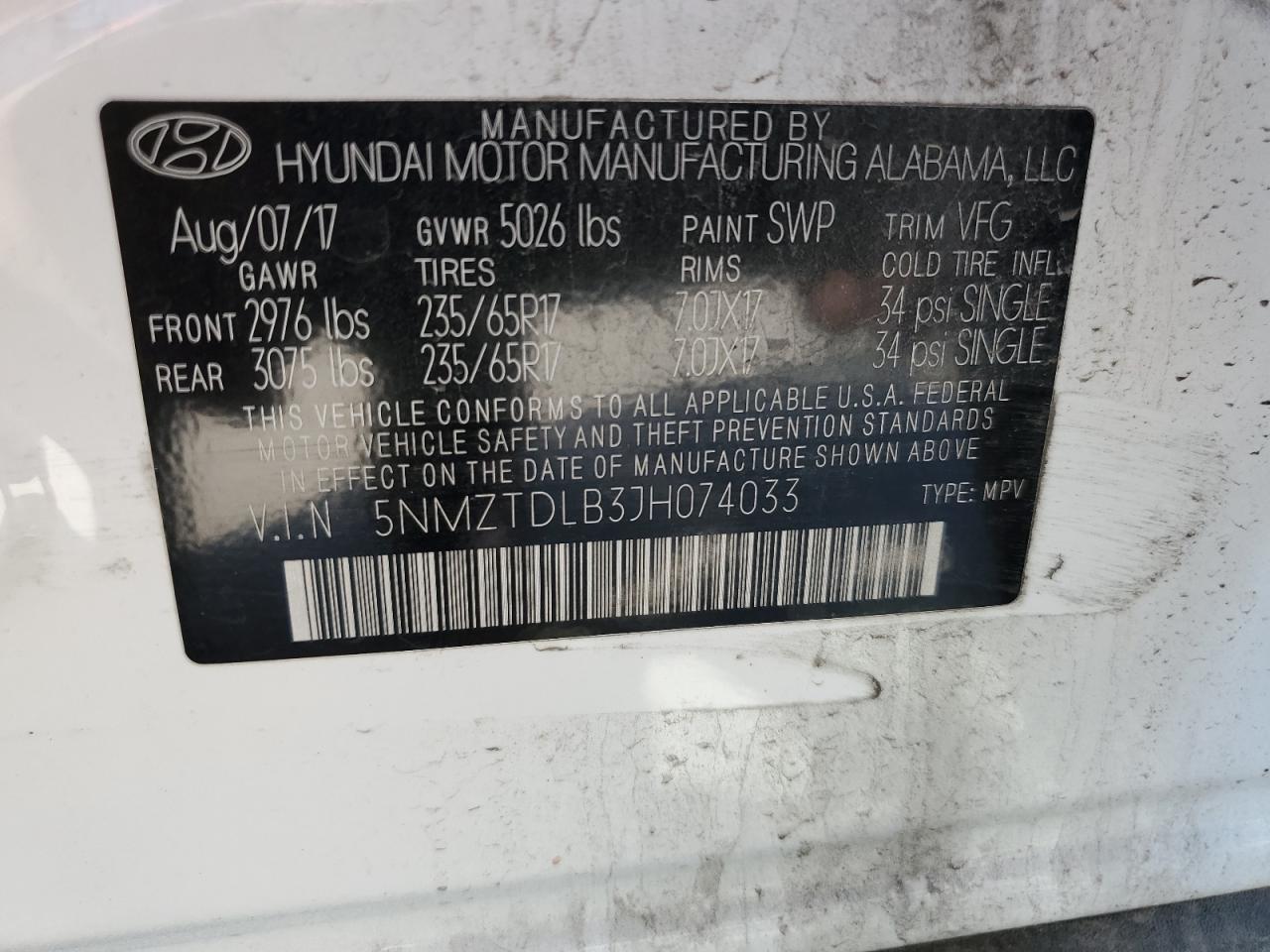 5NMZTDLB3JH074033 2018 Hyundai Santa Fe Sport