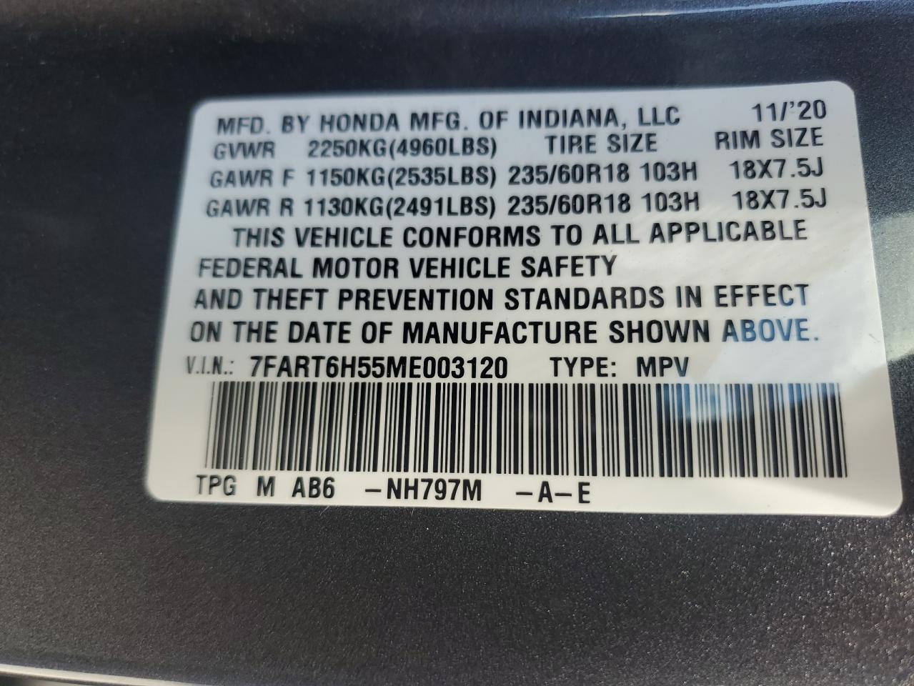 2021 Honda Cr-V Ex VIN: 7FART6H55ME003120 Lot: 71821824