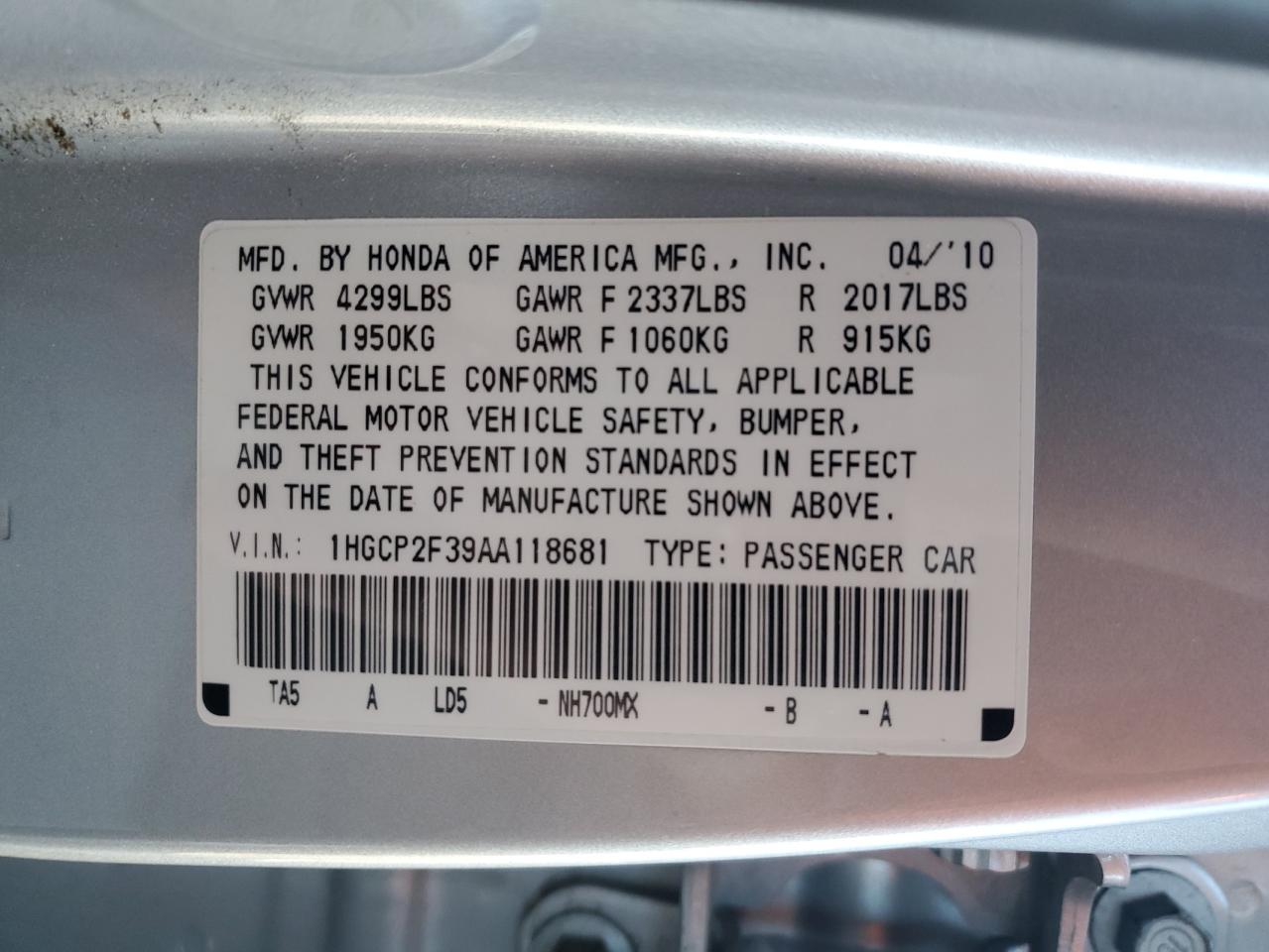 1HGCP2F39AA118681 2010 Honda Accord Lx