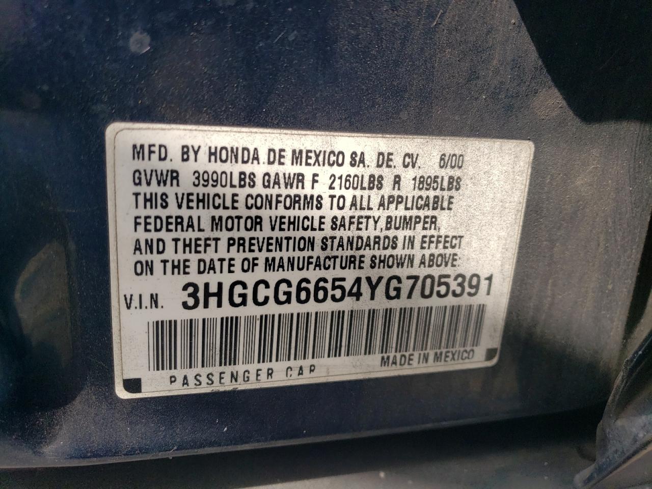 3HGCG6654YG705391 2000 Honda Accord Lx