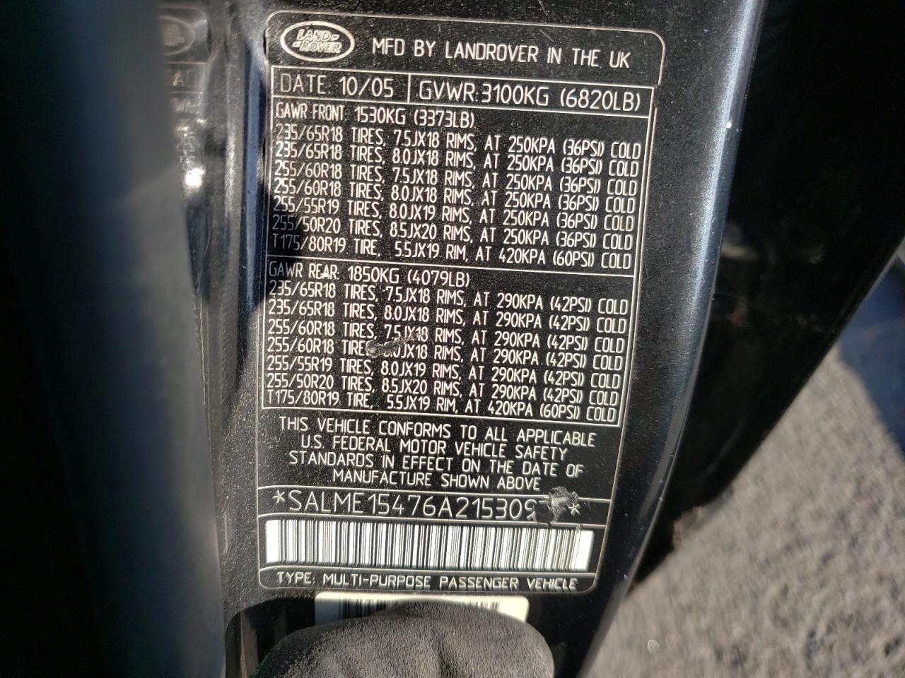 2006 Land Rover Range Rover Hse VIN: SALME15476A215309 Lot: 71047314