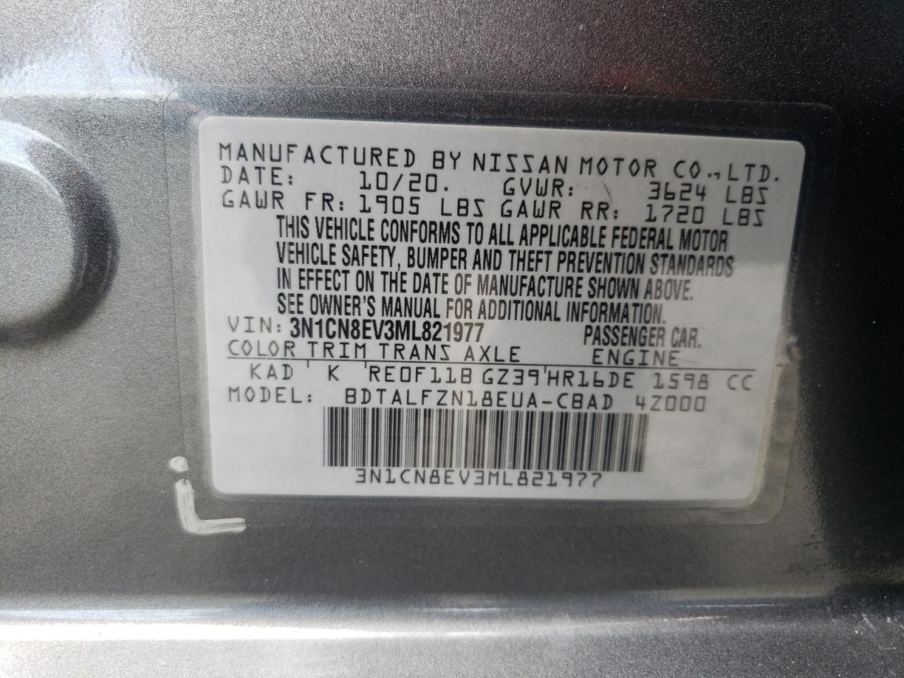 2021 Nissan Versa Sv VIN: 3N1CN8EV3ML821977 Lot: 71815414