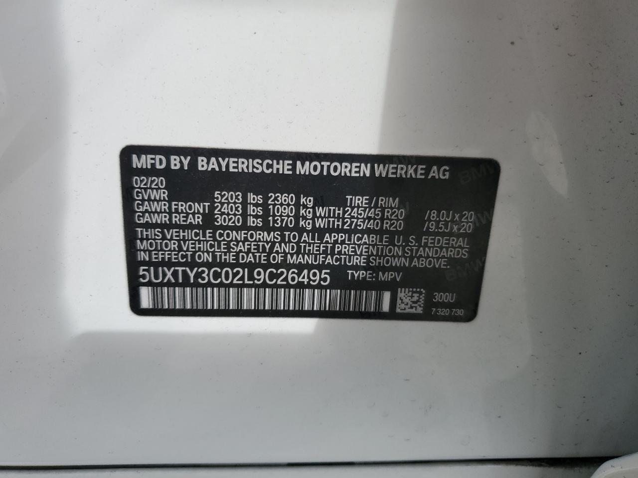 2020 BMW X3 Sdrive30I VIN: 5UXTY3C02L9C26495 Lot: 73356194