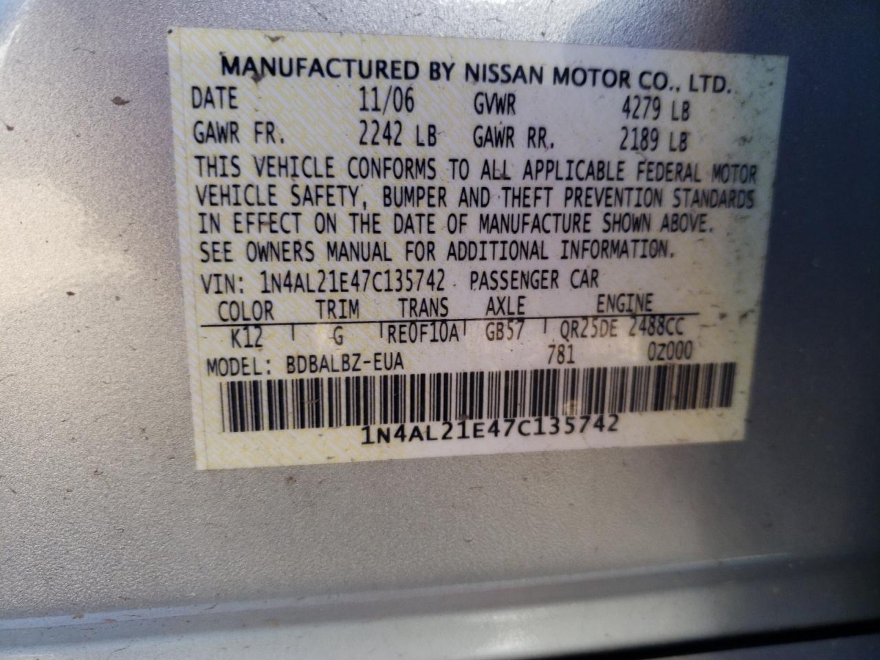 1N4AL21E47C135742 2007 Nissan Altima 2.5