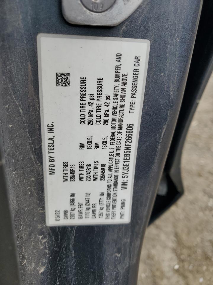 5YJ3E1EB5NF266606 2022 Tesla Model 3