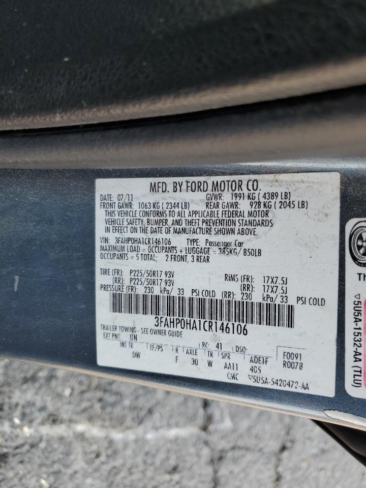 2012 Ford Fusion Se VIN: 3FAHP0HA1CR146106 Lot: 71109134