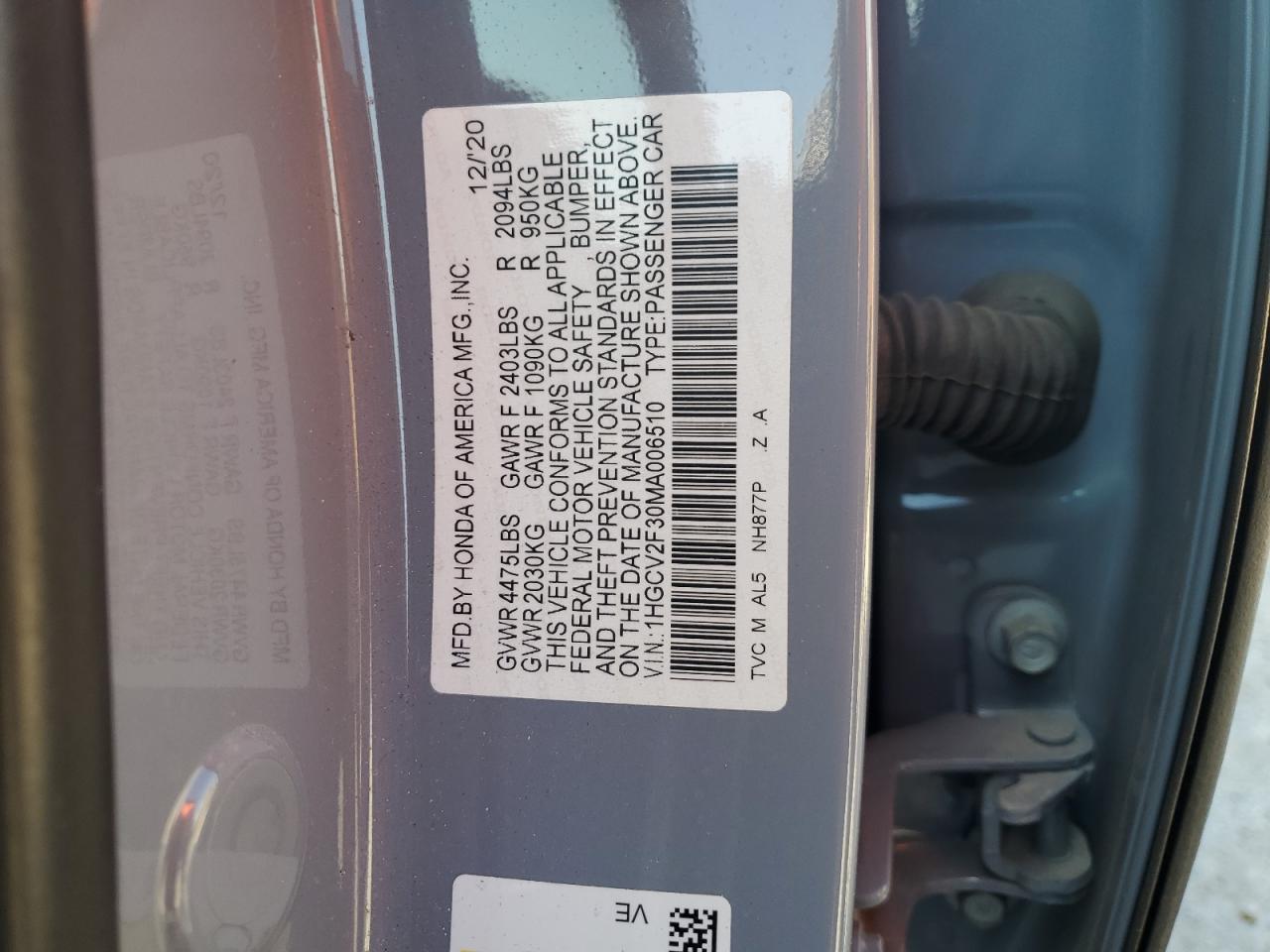 1HGCV2F30MA006510 2021 Honda Accord Sport