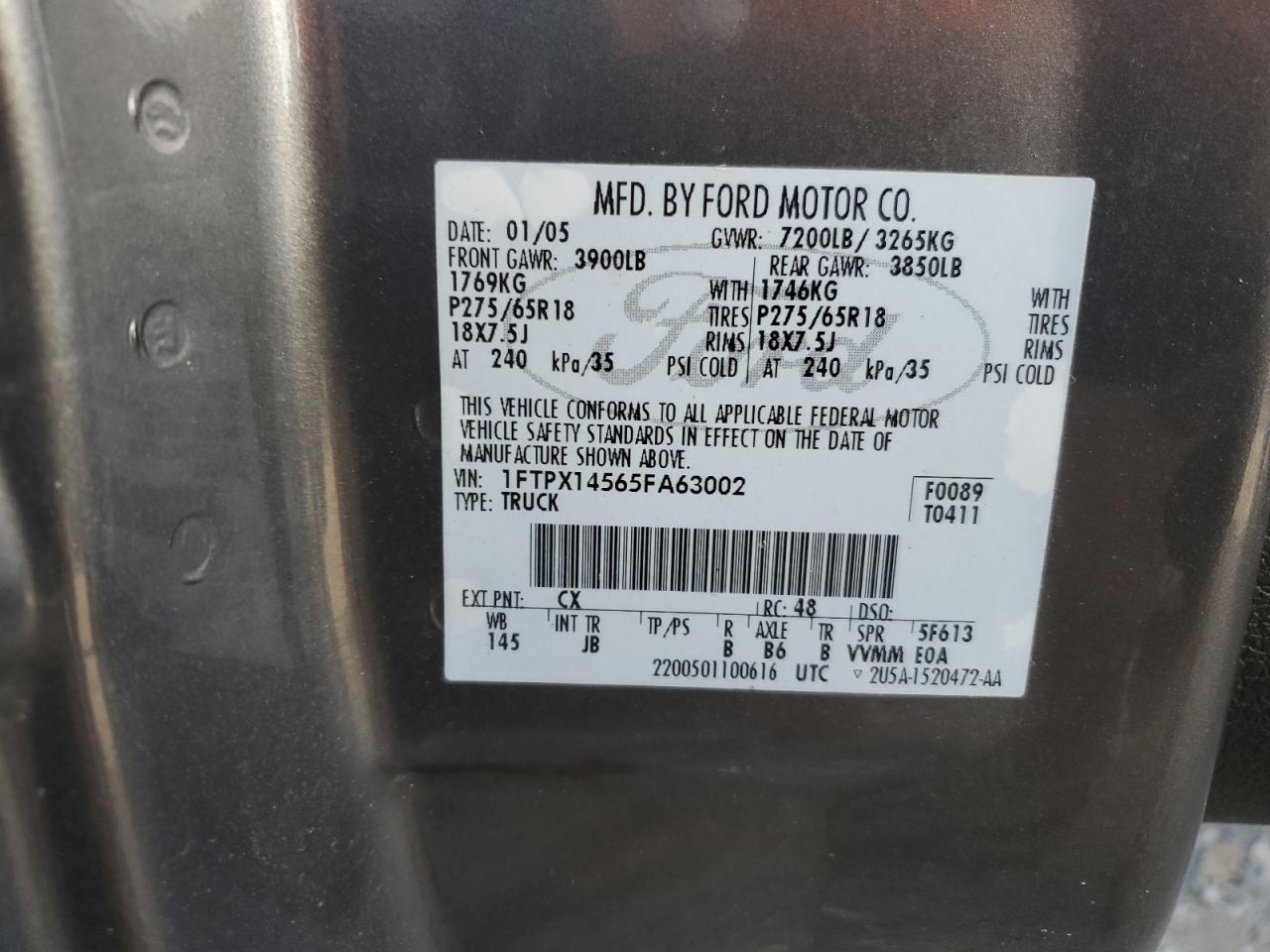 1FTPX14565FA63002 2005 Ford F150