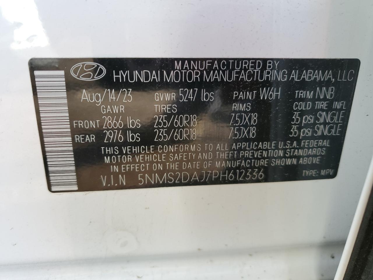 2023 Hyundai Santa Fe Sel VIN: 5NMS2DAJ7PH612336 Lot: 72794404