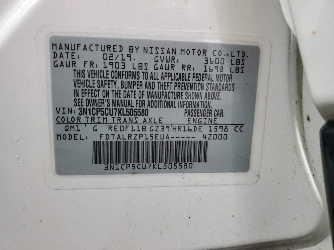 3N1CP5CU7KL505580 2019 Nissan Kicks S