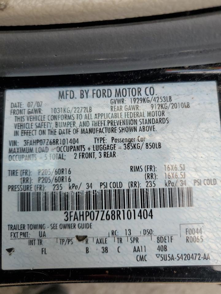 2008 Ford Fusion Se VIN: 3FAHP07Z68R101404 Lot: 70455804