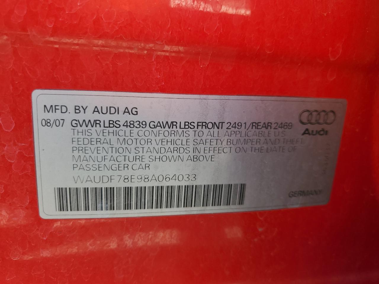 WAUDF78E98A064033 2008 Audi A4 2.0T Quattro