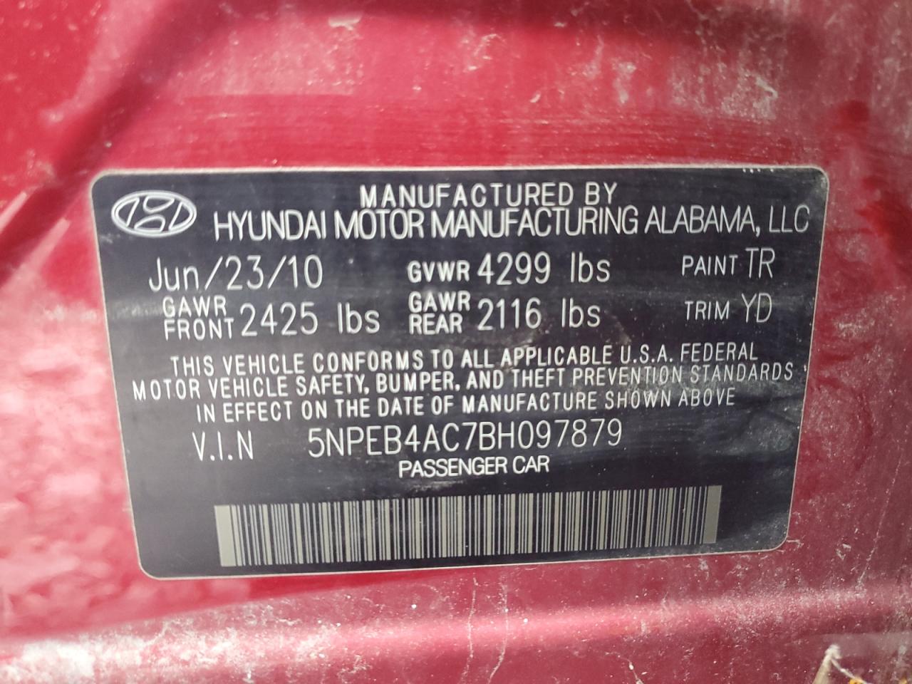 5NPEB4AC7BH097879 2011 Hyundai Sonata Gls