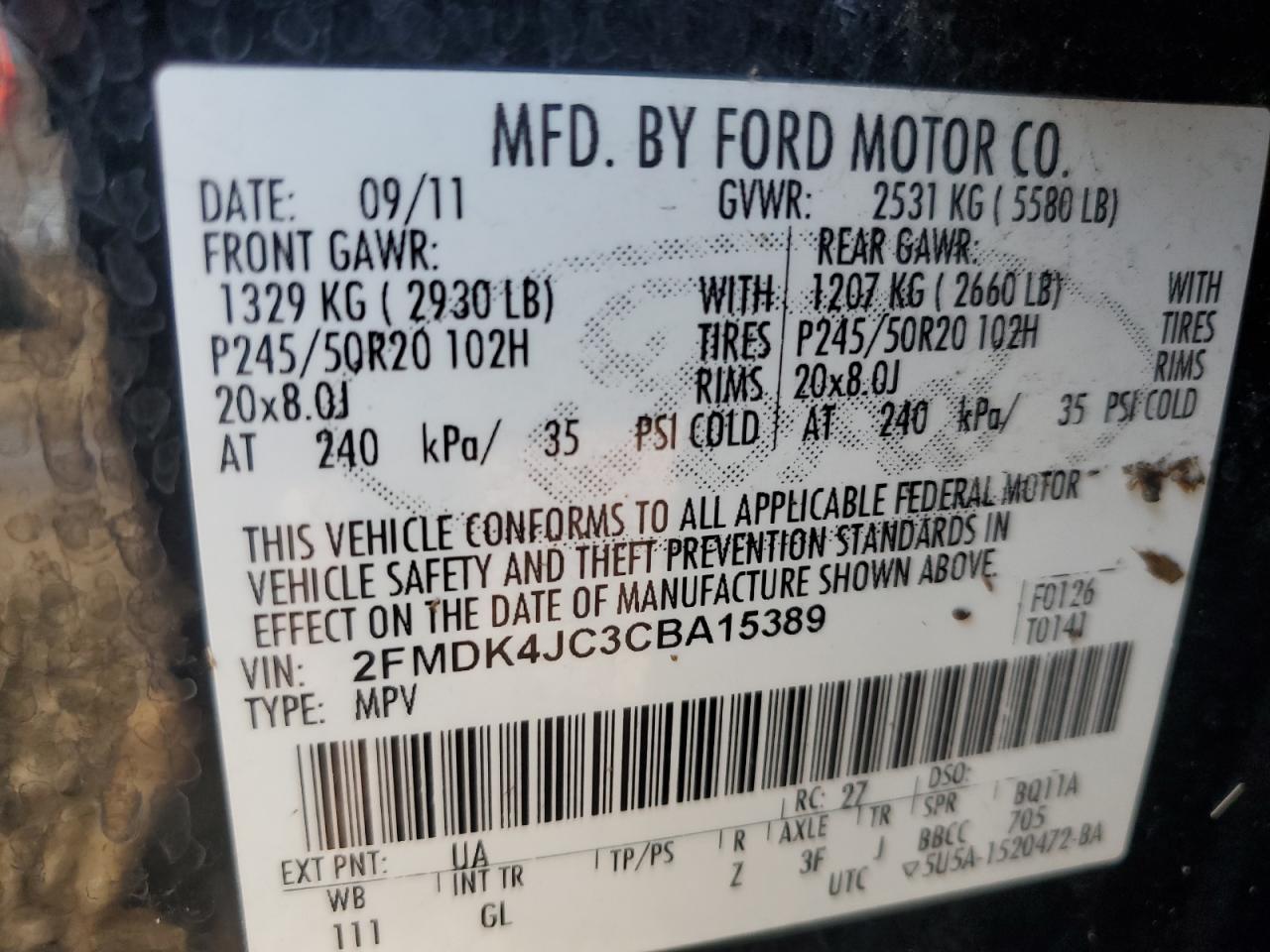 2FMDK4JC3CBA15389 2012 Ford Edge Sel