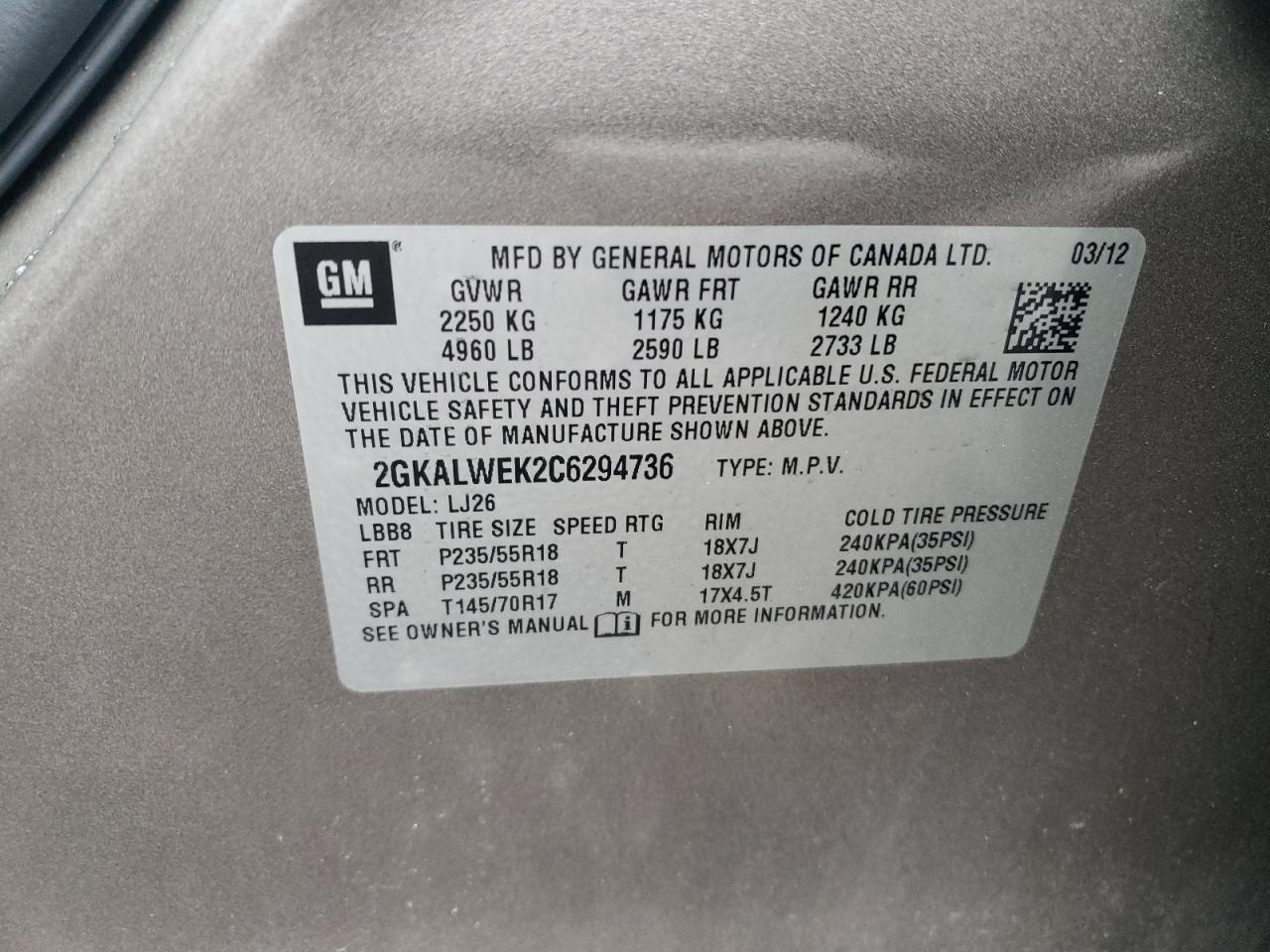 2GKALWEK2C6294736 2012 GMC Terrain Slt