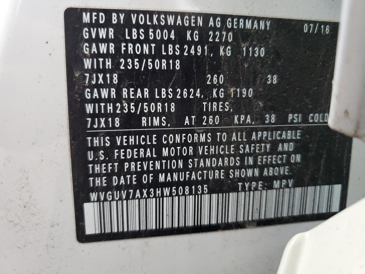 WVGUV7AX3HW508135 2017 Volkswagen Tiguan Sport