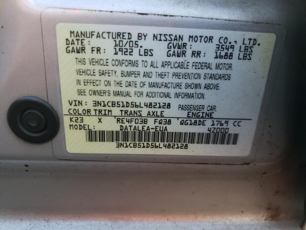 3N1CB51D56L482128 2006 Nissan Sentra 1.8