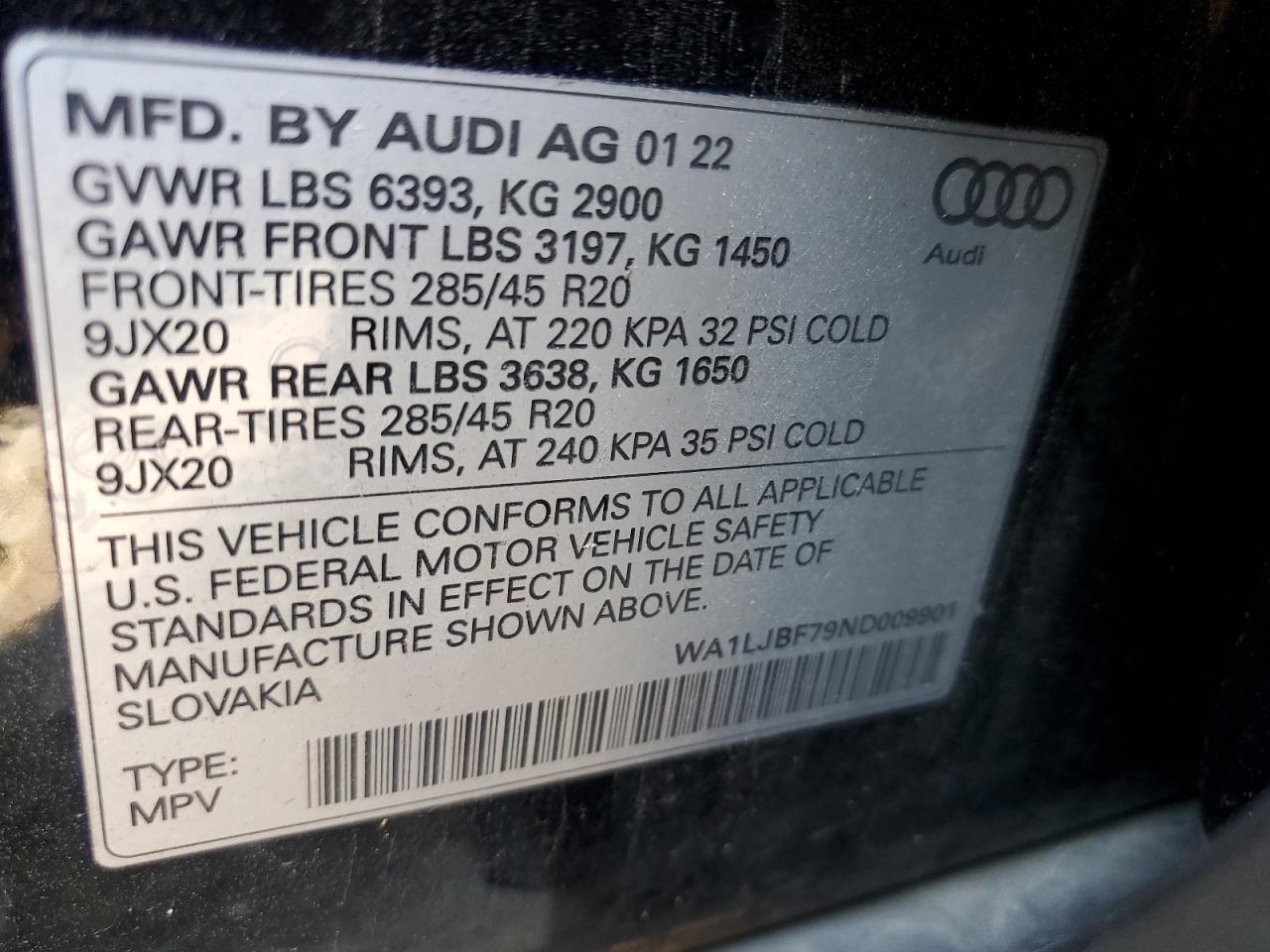 2022 Audi Q7 Premium Plus VIN: WA1LJBF79ND009901 Lot: 69666404