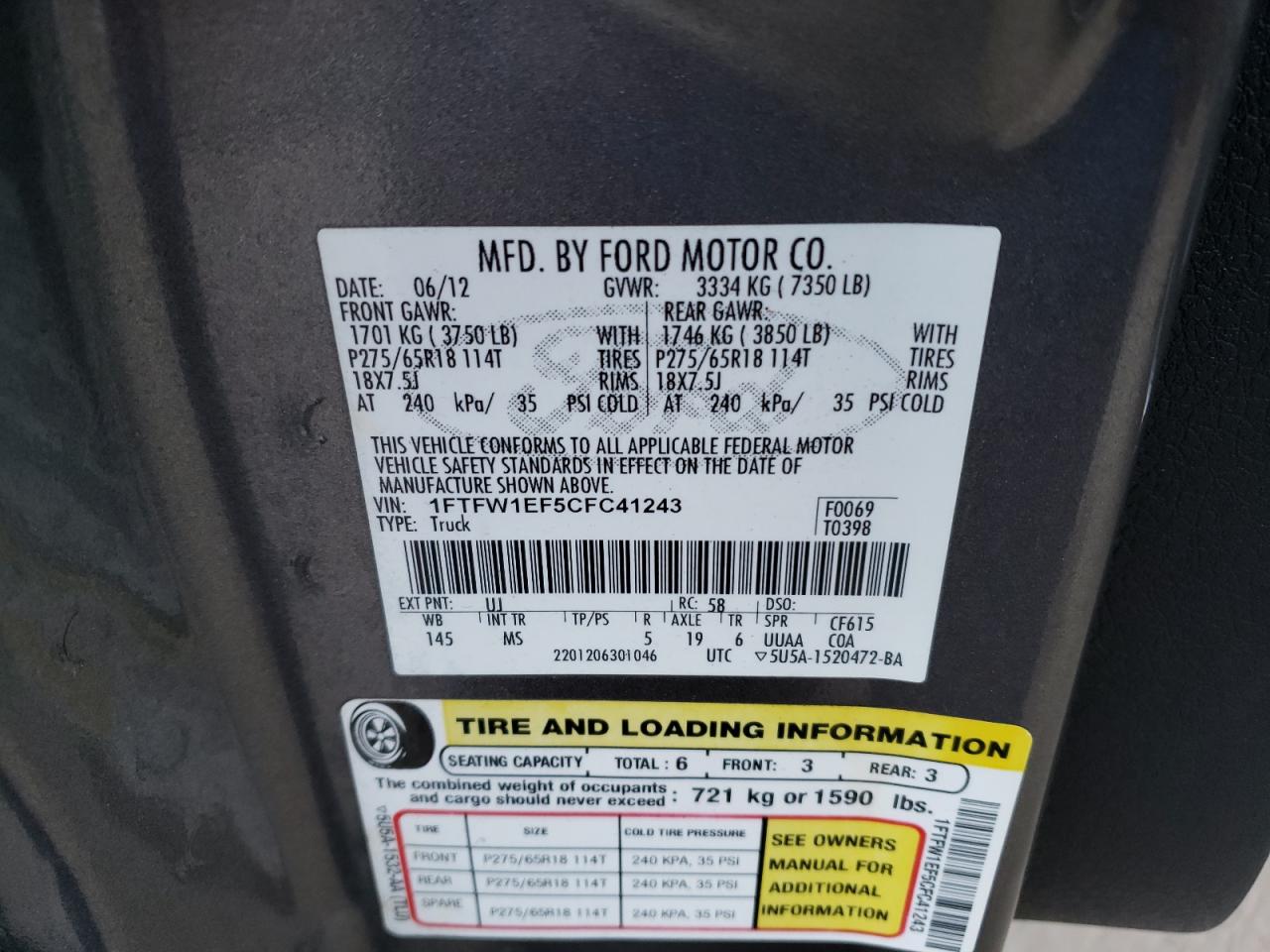 2012 Ford F150 Supercrew VIN: 1FTFW1EF5CFC41243 Lot: 73010564