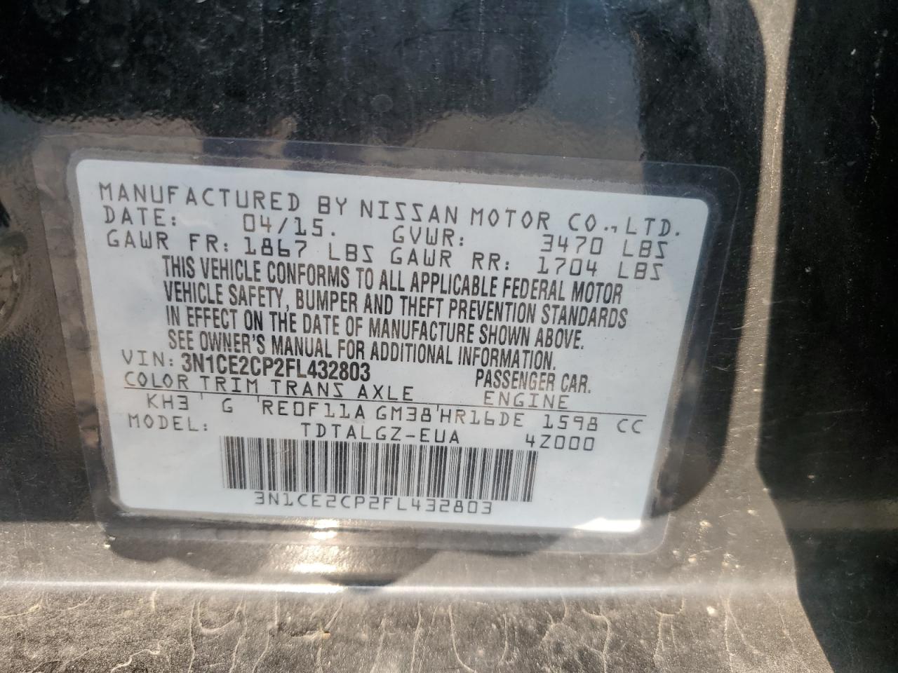 3N1CE2CP2FL432803 2015 Nissan Versa Note S