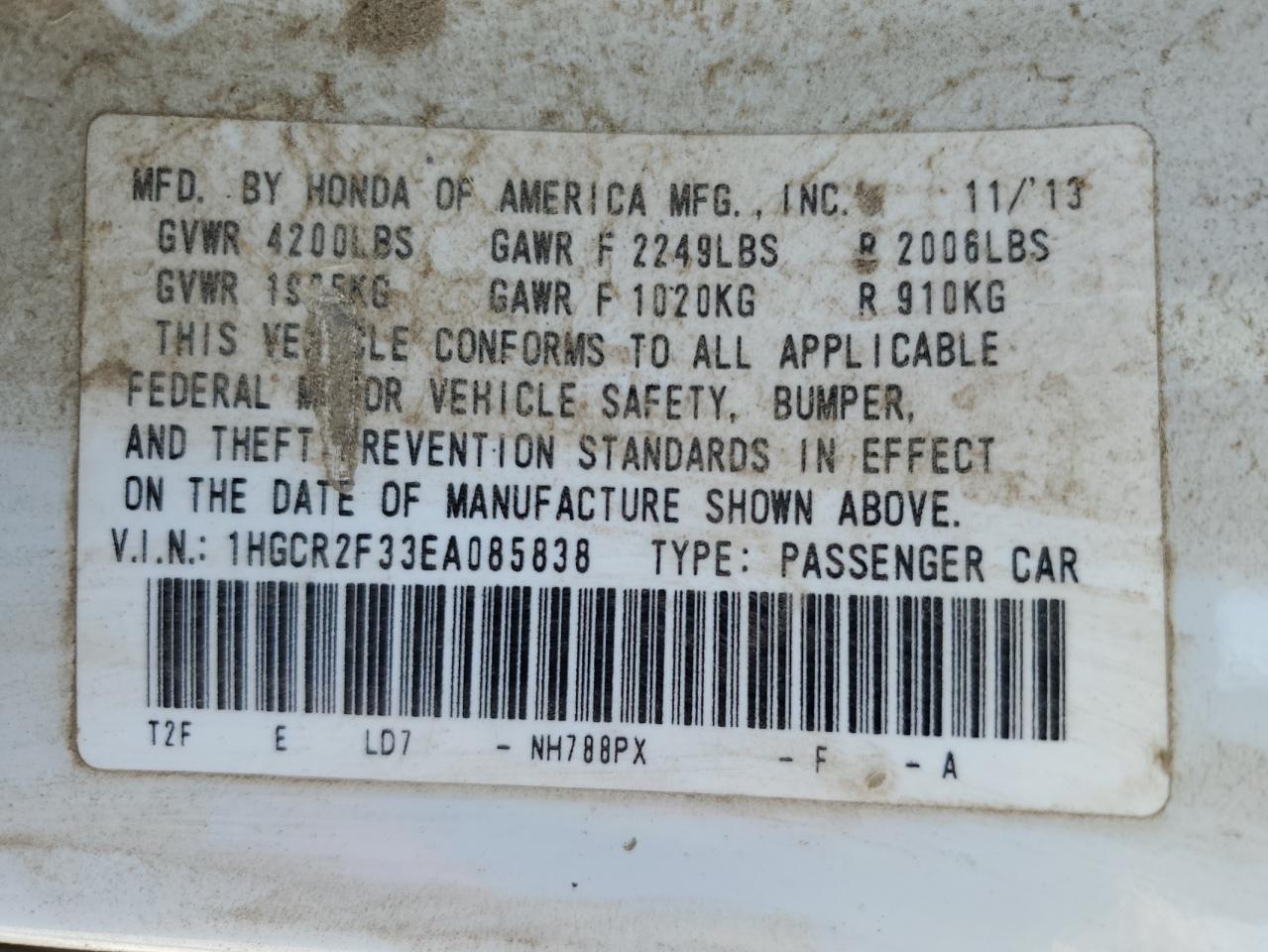 1HGCR2F33EA085838 2014 Honda Accord Lx