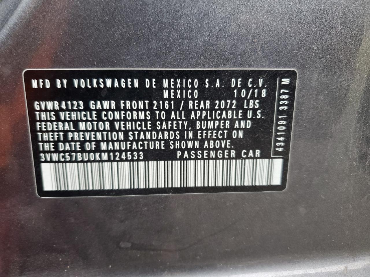 3VWC57BU0KM124533 2019 Volkswagen Jetta S