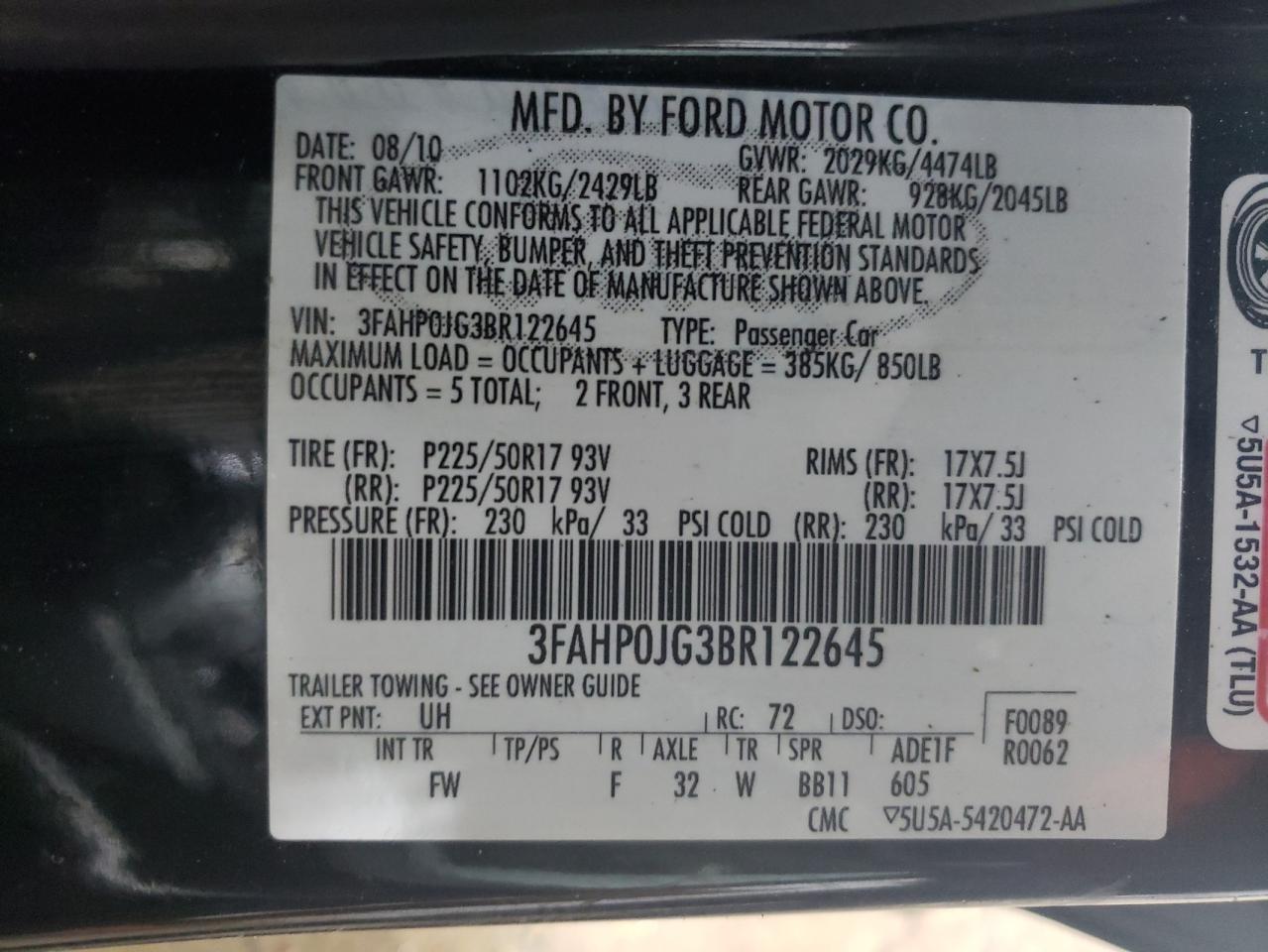 3FAHP0JG3BR122645 2011 Ford Fusion Sel