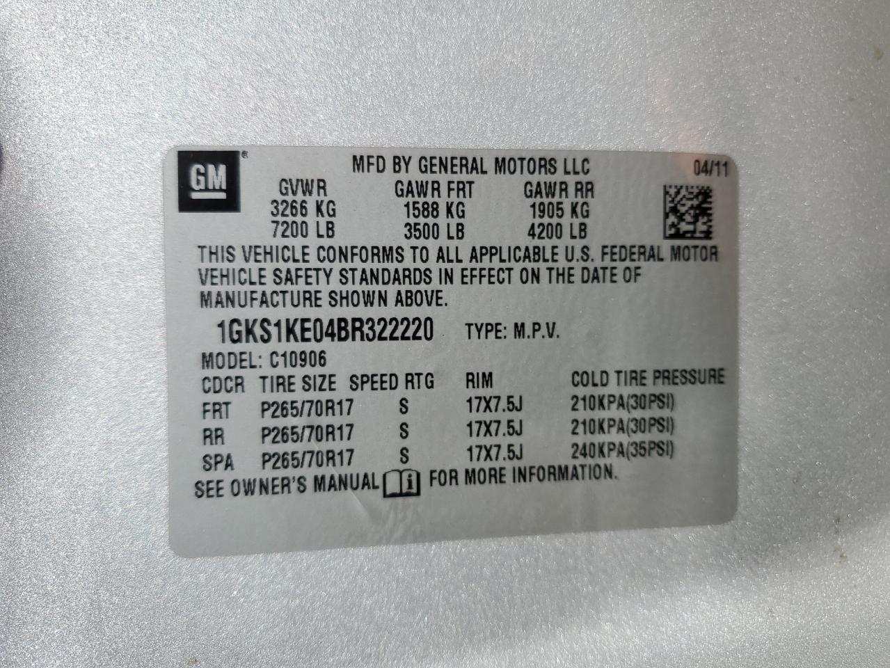 1GKS1KE04BR322220 2011 GMC Yukon Xl C1500 Slt