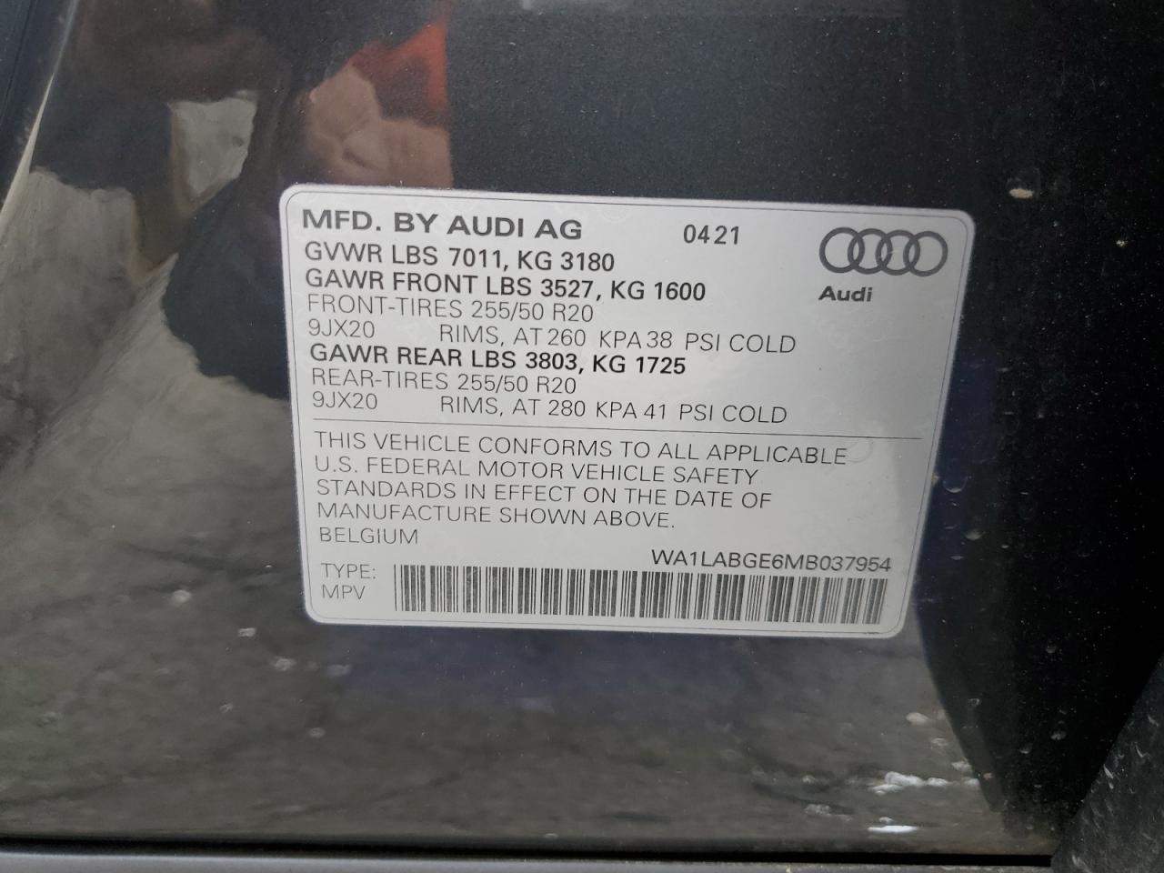 2021 Audi E-Tron Premium Plus VIN: WA1LABGE6MB037954 Lot: 71281164