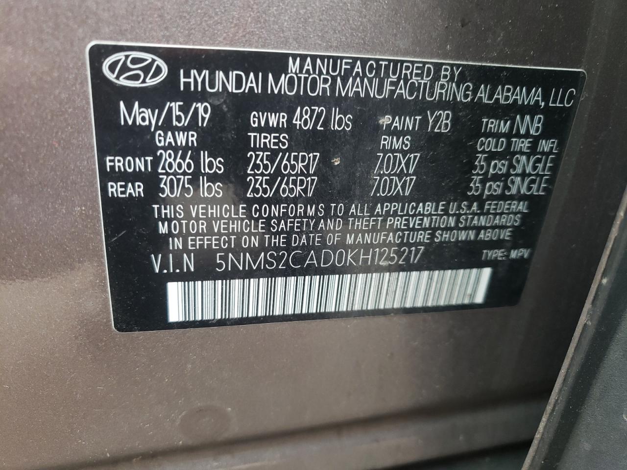 5NMS2CAD0KH125217 2019 Hyundai Santa Fe Se