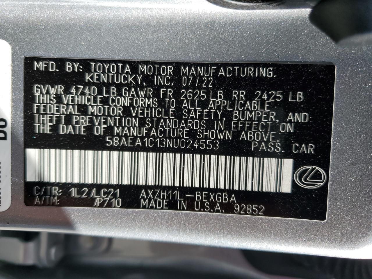 58AEA1C13NU024553 2022 Lexus Es 300H Base