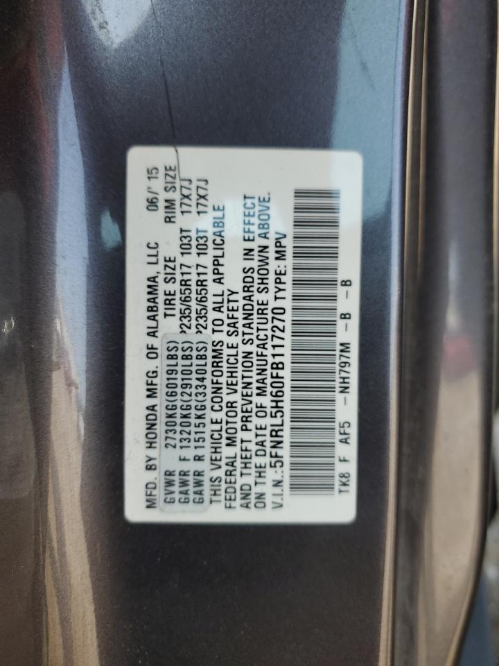 5FNRL5H60FB117270 2015 Honda Odyssey Exl