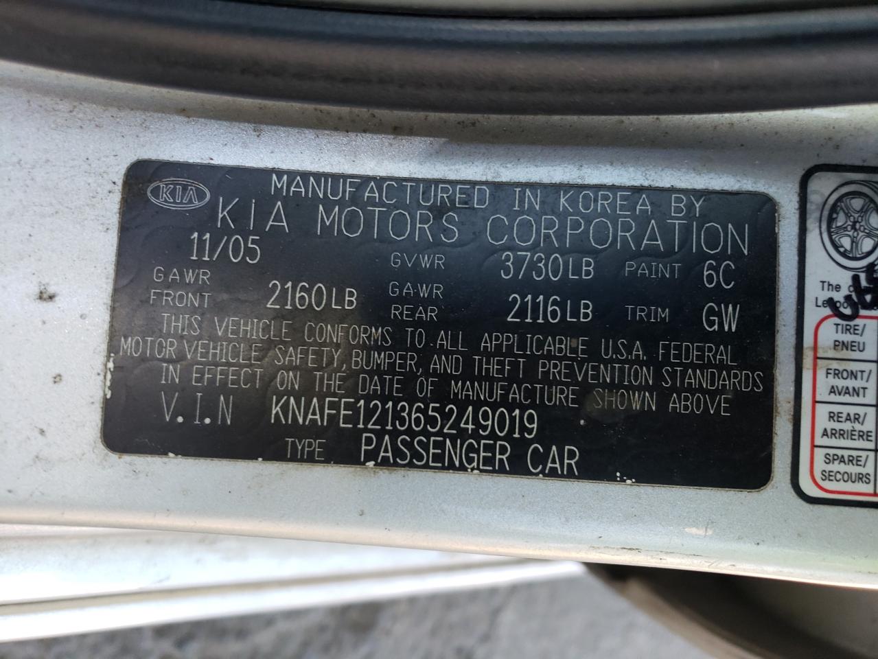 KNAFE121365249019 2006 Kia Spectra Lx