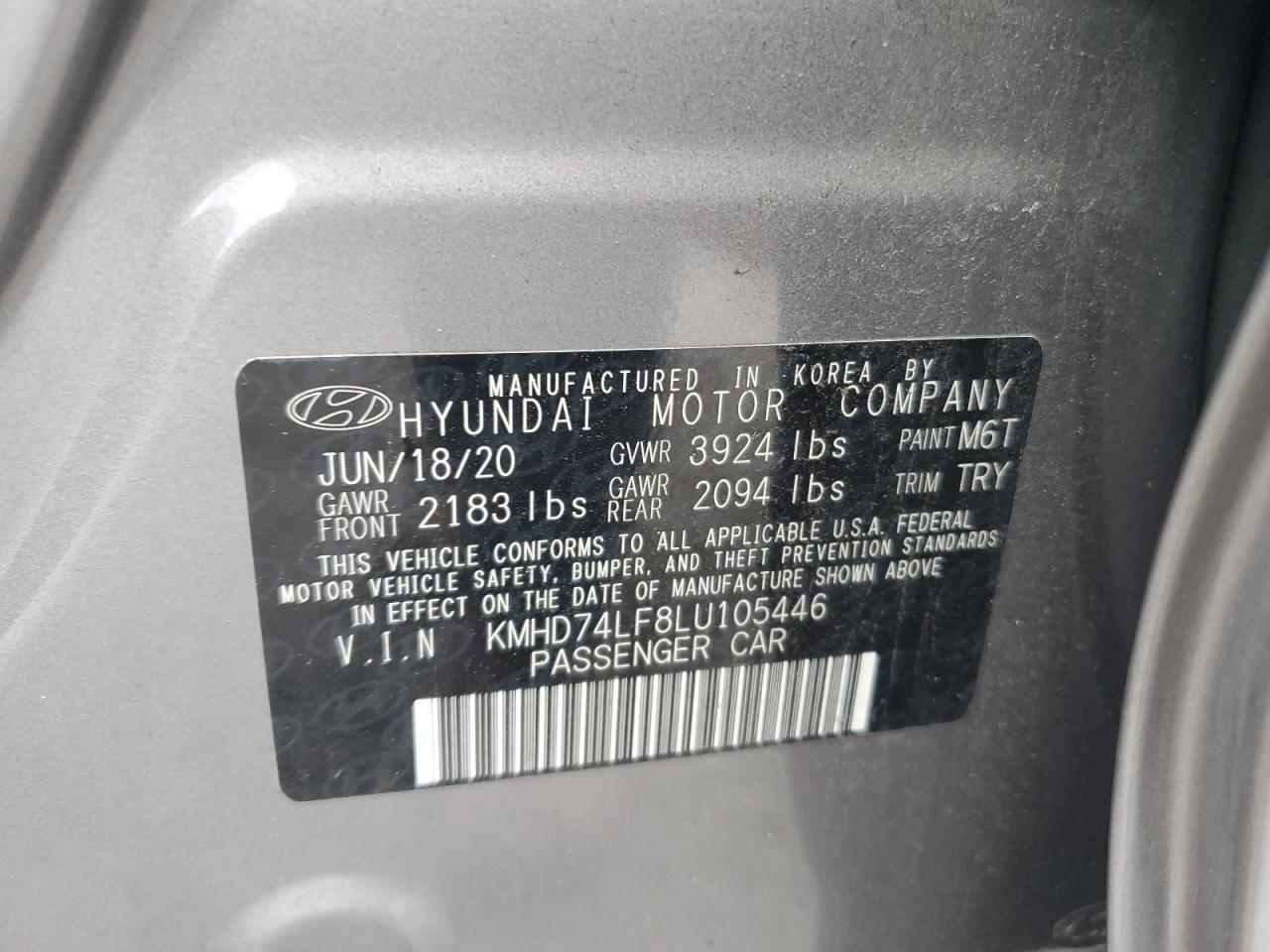 KMHD74LF8LU105446 2020 Hyundai Elantra Se