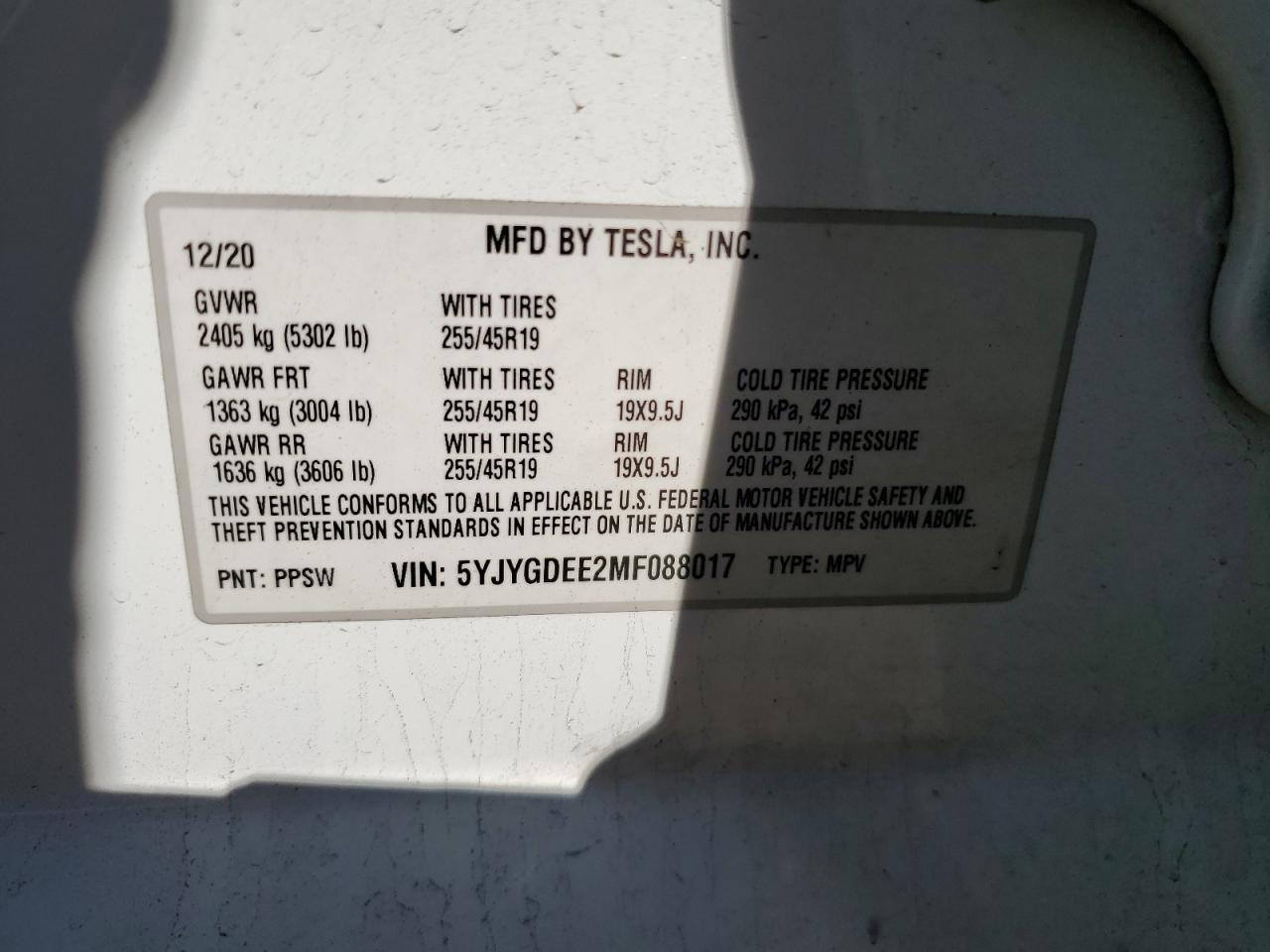 5YJYGDEE2MF088017 2021 Tesla Model Y