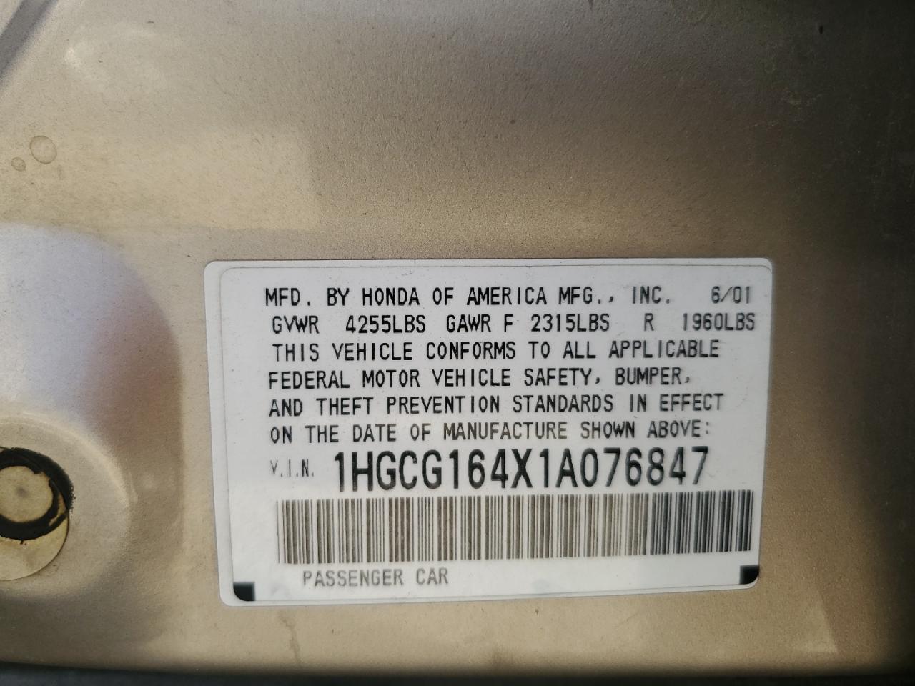 1HGCG164X1A076847 2001 Honda Accord Lx