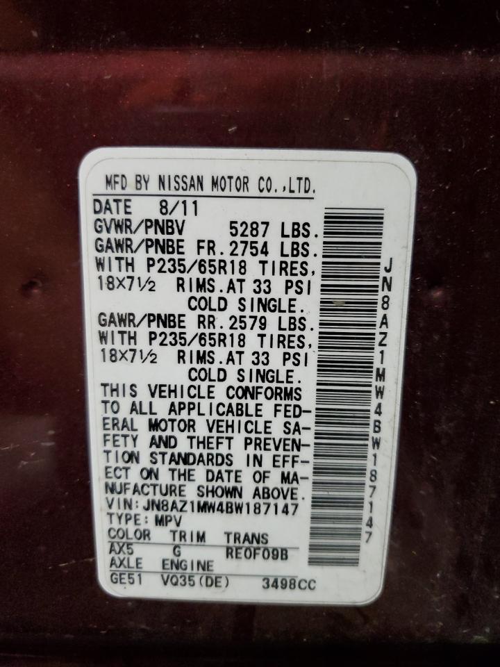 2011 Nissan Murano S VIN: JN8AZ1MW4BW187147 Lot: 64191165