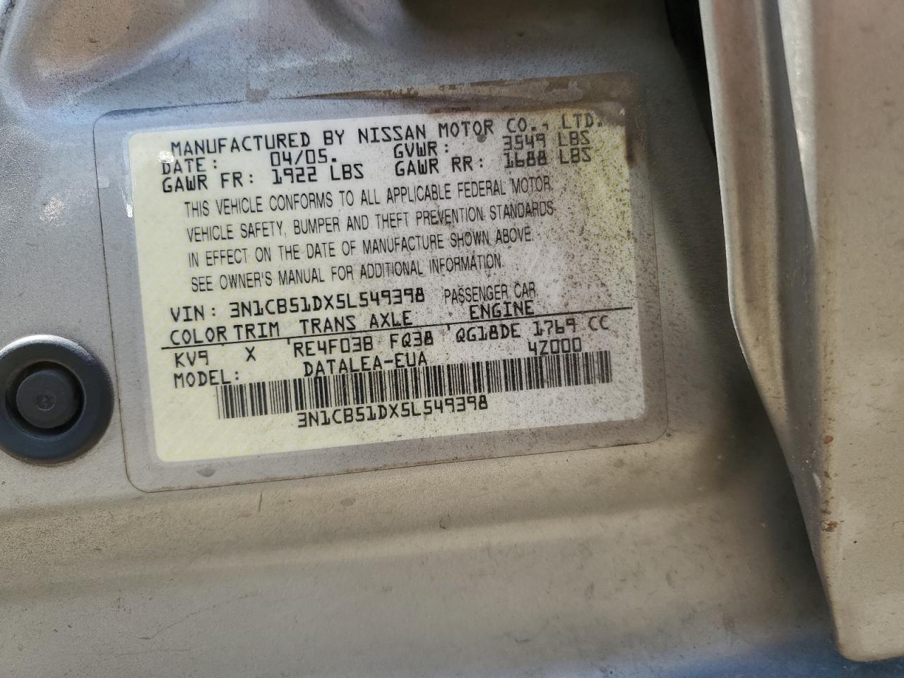 3N1CB51DX5L549398 2005 Nissan Sentra 1.8