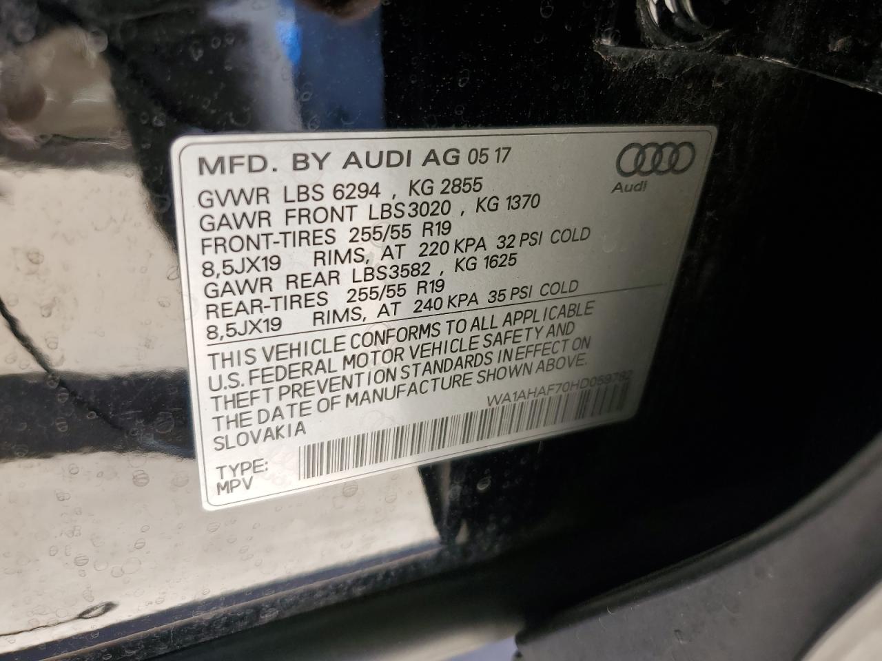 2017 Audi Q7 Premium VIN: WA1AHAF70HD059782 Lot: 72188224