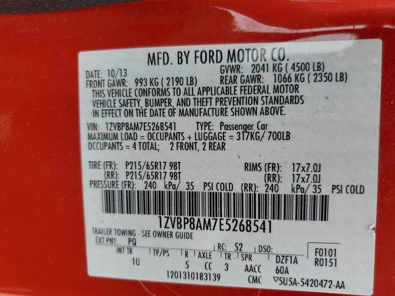 1ZVBP8AM7E5268541 2014 Ford Mustang