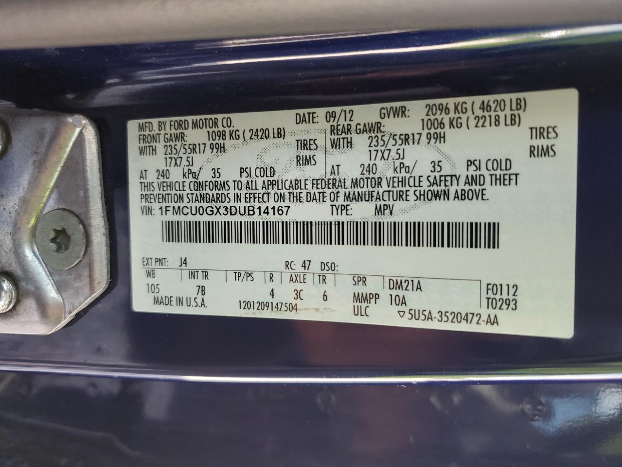 1FMCU0GX3DUB14167 2013 Ford Escape Se