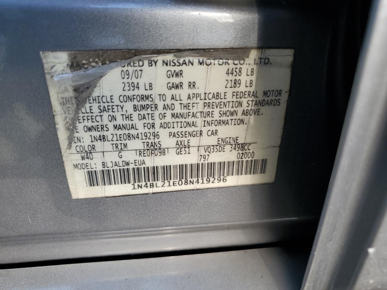 2008 Nissan Altima 3.5Se VIN: 1N4BL21E08N419296 Lot: 71017984