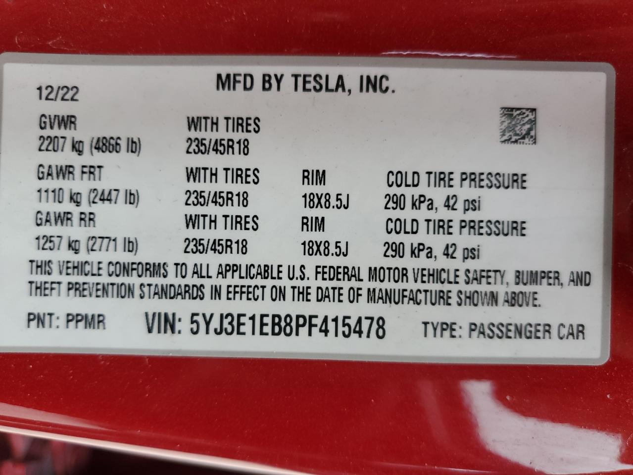 VIN 5YJ3E1EB8PF415478 2023 TESLA MODEL 3 no.13