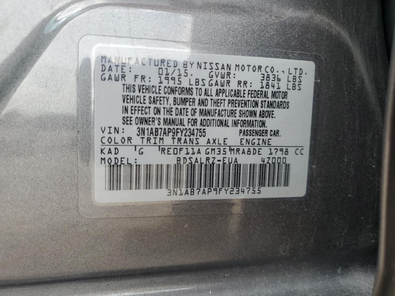 3N1AB7AP9FY234755 2015 Nissan Sentra S