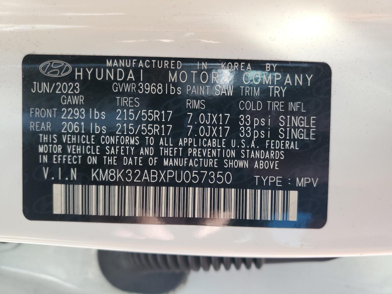 2023 Hyundai Kona Sel VIN: KM8K32ABXPU057350 Lot: 70471424